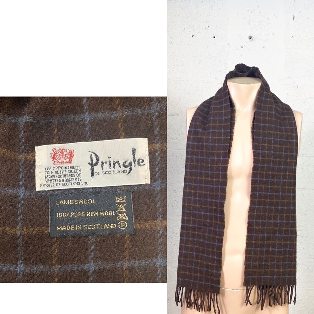 Pringle Of Scotland vintage 100% pure new lamb wool brown plaid scarf muffler